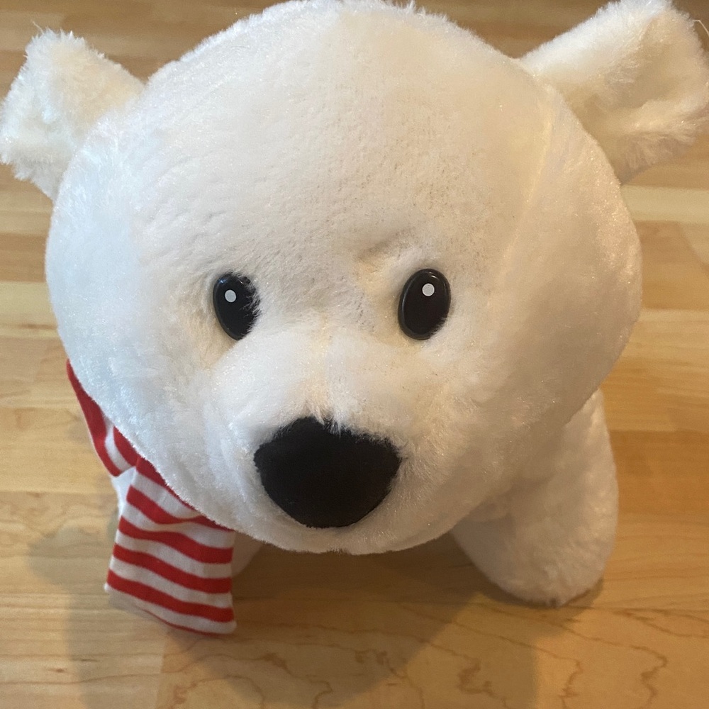 White Plush Polar Bear Toy with Red Striped Scarf